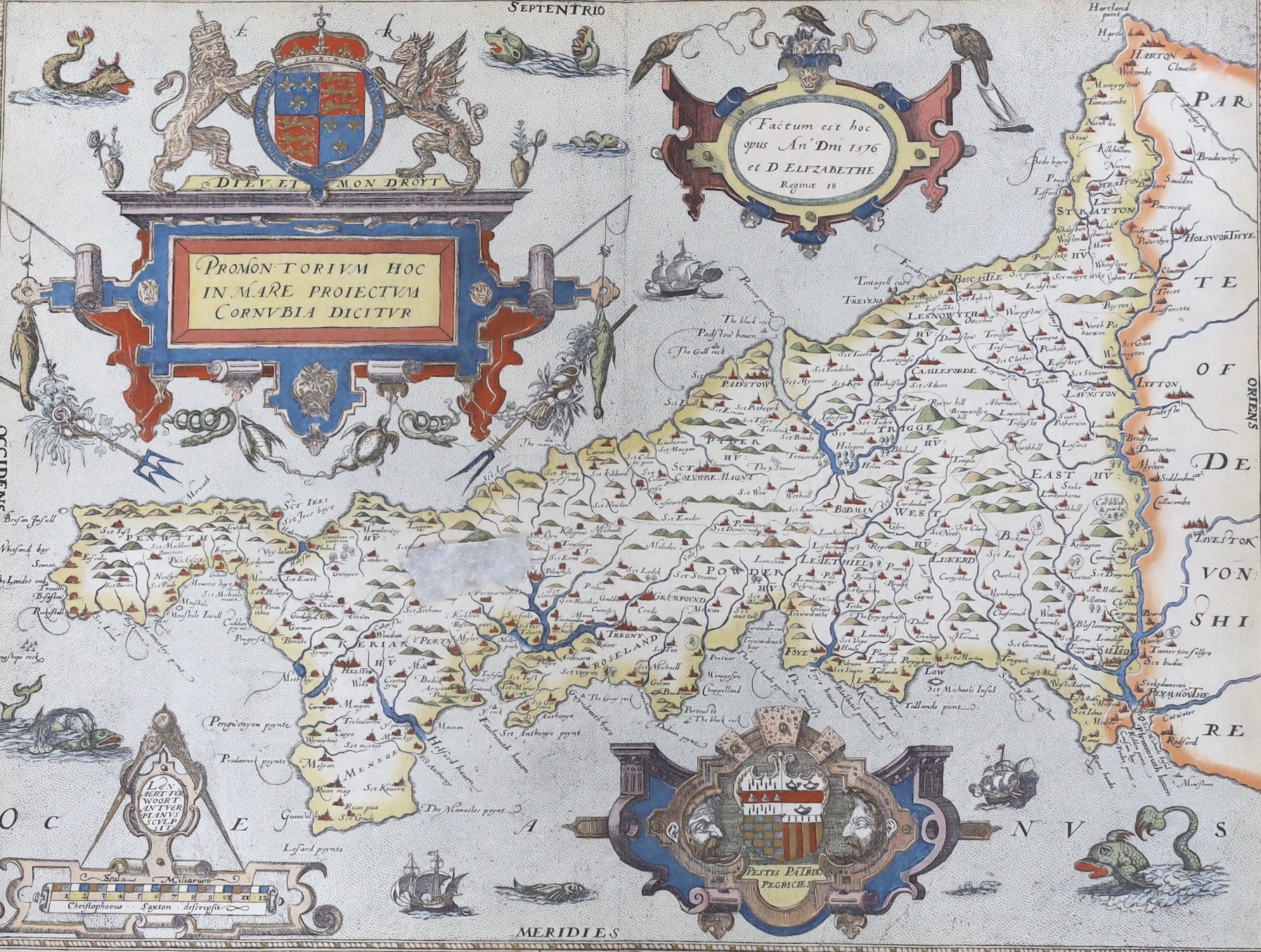 Kip after Saxton, coloured reprint, Map of Cornwall 1576, 37 x 50cm